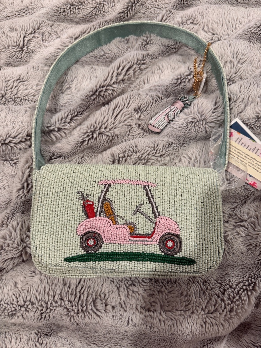 Beaded Mint Green Shoulder Bag with Pink Golf Cart Motif viral TikTok